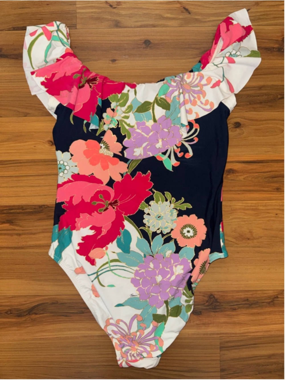 Trina Turk Floral Ruffle One Piece Swimsuit Tropical Resort Coastal Glam US 12 - Picture 2 of 7